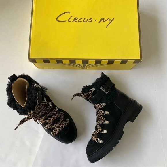 New Circus by Sam Edelman Gretchen Shearling Hiker Boot 6M Black lace up Sherpa - Picture 3 of 13